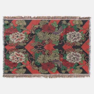 Vintage Japans Bloemmotief Pioenrood Zwart Patroon Deken