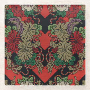 Vintage Japans Bloemmotief Pioenrood Zwart Patroon Glazen Onderzetter