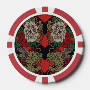 Vintage Japans Bloemmotief Pioenrood Zwart Patroon Poker Chips