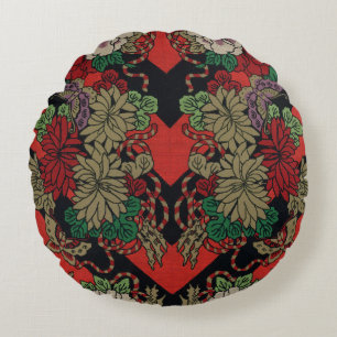 Vintage Japans Bloemmotief Pioenrood Zwart Patroon Rond Kussen
