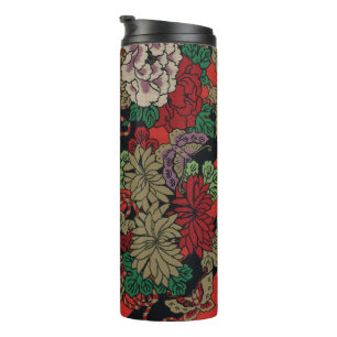 Vintage Japans Bloemmotief Pioenrood Zwart Patroon Thermosbeker