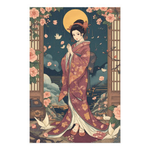 Vintage Japanse Anime Kimono Meisje Esthetische Ku Foto Afdruk