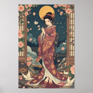 Vintage Japanse Anime Kimono Meisje Esthetische Ku Poster