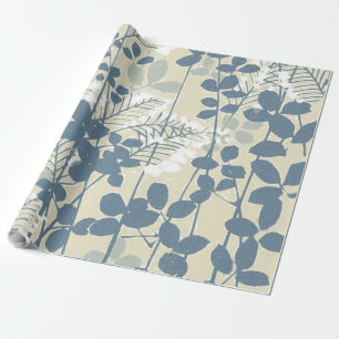 Vintage Japanse Blauwe Botanische: Crème Blad Vare Cadeaupapier