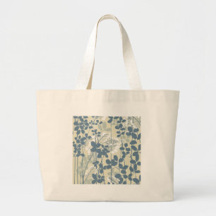 Vintage Japanse Blauwe Botanische: Crème Blad Vare Grote Tote Bag