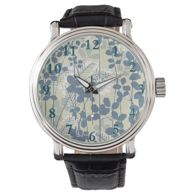 Vintage Japanse Blauwe Botanische: Crème Blad Vare Horloge (Voorkant)