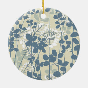 Vintage Japanse Blauwe Botanische: Crème Blad Vare Keramisch Ornament