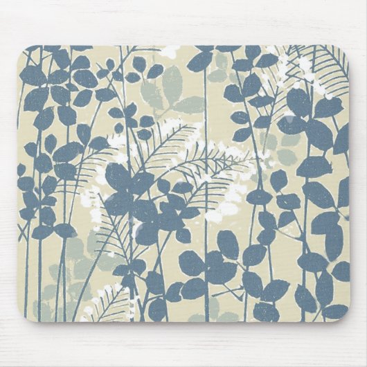 Vintage Japanse Blauwe Botanische: Crème Blad Vare Muismat (Voorkant)
