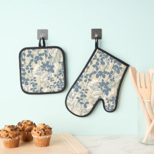 Vintage Japanse Blauwe Botanische: Crème Blad Vare Ovenwant & Pannenlap Set
