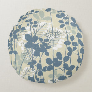 Vintage Japanse Blauwe Botanische: Crème Blad Vare Rond Kussen