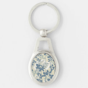 Vintage Japanse Blauwe Botanische: Crème Blad Vare Sleutelhanger