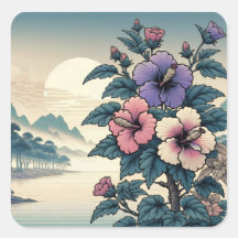 Vintage Japanse Bloem Hibiscus Kunst Vierkant