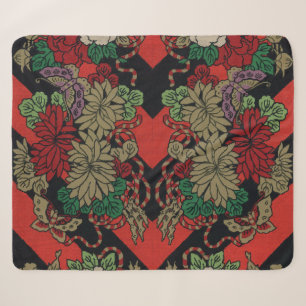 Vintage Japanse Bloem Pioenroos Rood Zwart Patroon Sherpa Deken