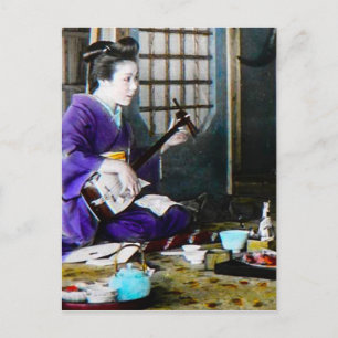 Vintage Japanse Geisha die Banjo Shamisen spelen Briefkaart