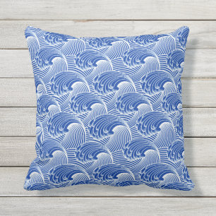 Vintage Japanse Golven, het Blauw van het Kobalt Buitenkussen