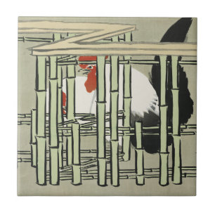 Vintage Japanse Haan achter Bamboehek Kunst Tegeltje