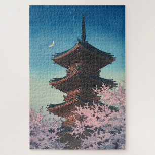 Vintage Japanse Houtblokdruk Lentebloesem Pagode Legpuzzel