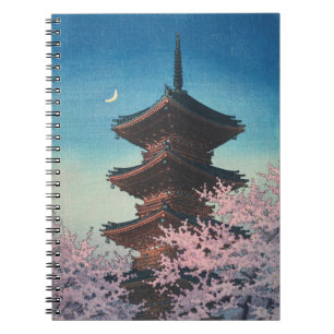 Vintage Japanse Houtblokdruk Lentebloesem Pagode Notitieboek