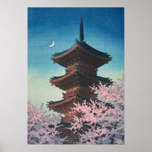 Vintage Japanse Houtblokdruk Lentebloesem Pagode Poster