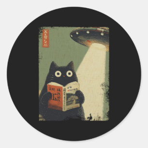 Vintage Japanse Kat Boek Liefhebbers Ufo Alien Ont Ronde Sticker
