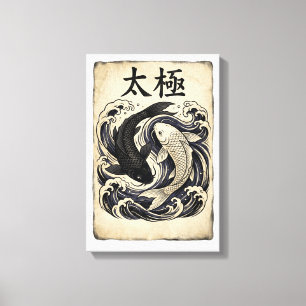 Vintage Japanse Koi Vis Yin Yang Grafisch Ontwerp Canvas Afdruk