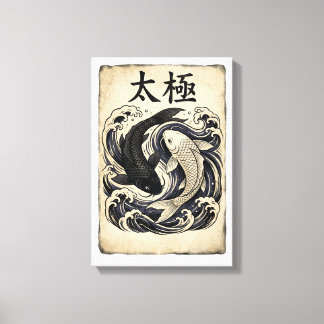 Vintage Japanse Koi Vis Yin Yang Grafisch Ontwerp Canvas Afdruk