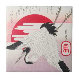 Vintage Japanse Kraan Rode Zon Houtsnedeprent Tegeltje