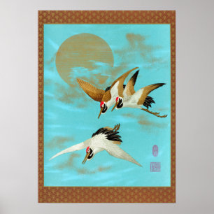 Vintage Japanse Kraanvogel & Gouden Zon Blauwe Kun Poster