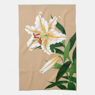 Vintage Japanse lelie. Wit, groen en beige Theedoek