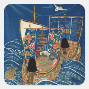 Vintage Japanse Lucky Treasure Ship G.A. Audsley Vierkante Sticker