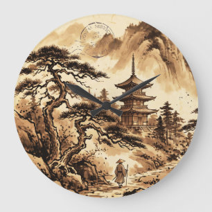 Vintage Japanse Pagode & Pijnboom Wandklok