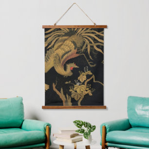 Vintage Japanse Phoenix Gold Black Bird Hangend Wandkleed