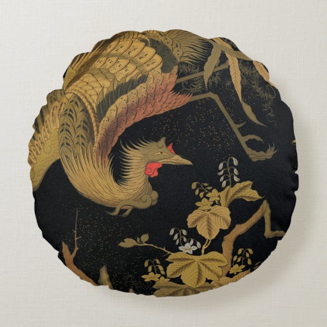 Vintage Japanse Phoenix Gold Black Bird Rond Kussen (Voorkant)