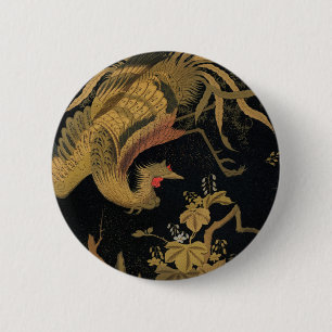 Vintage Japanse Phoenix Gold Black Bird Ronde Button 5,7 Cm
