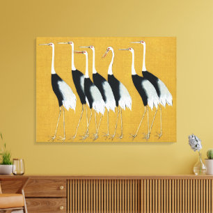 Vintage Japanse Rode Kroonkraan Goud Kunst Canvas Afdruk