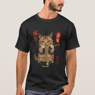 Vintage Japanse stijl kunst kat die noedels eet Ra T-shirt