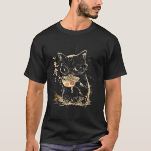 Vintage Japanse stijl kunst kat die noedels eet T-shirt