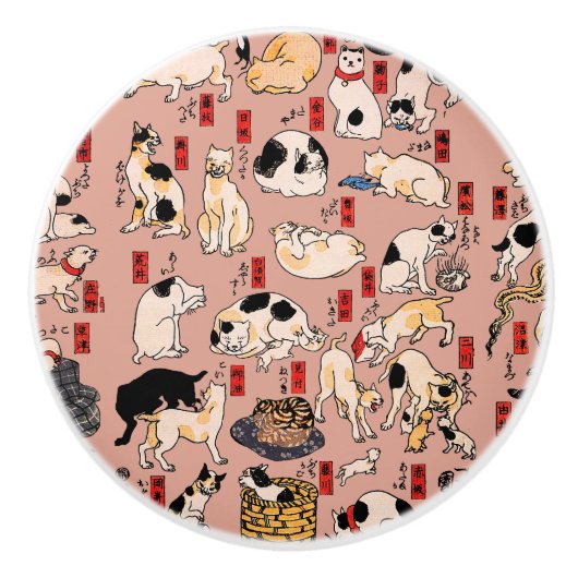 Vintage Japanse Ukiyo-e kattenpatroon: Kuniyoshi Keramische Knop (Voorkant)