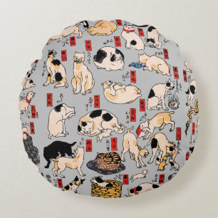 Vintage Japanse Ukiyo-e kattenpatroon: Kuniyoshi Rond Kussen