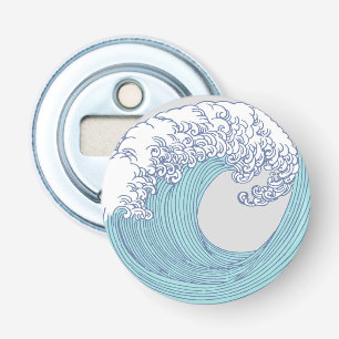 Vintage Japanse Ukiyo-e Surf Golf Kunst Blauw Kust Button Flesopener
