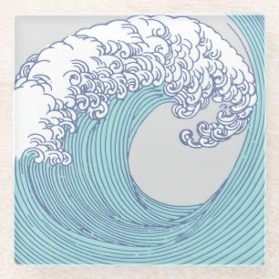 Vintage Japanse Ukiyo-e Surf Golf Kunst Blauw Kust Glazen Onderzetter