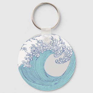 Vintage Japanse Ukiyo-e Surf Golf Kunst Blauw Kust Sleutelhanger
