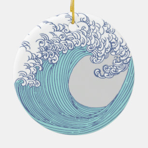 Vintage Japanse Ukiyo-e Surf Golf Kunst Blauwe Kus Keramisch Ornament