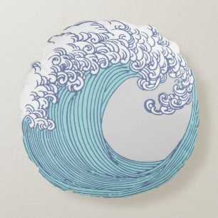 Vintage Japanse Ukiyo-e Surf Golf Kunst Blauwe Kus Rond Kussen