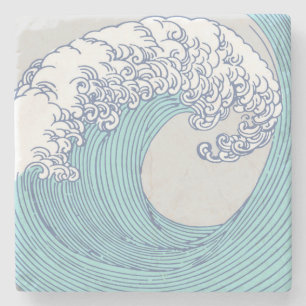Vintage Japanse Ukiyo-e Surf Golf Kunst Blauwe Kus Stenen Onderzetter
