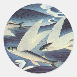Vintage Japanse Vliegende Vis in Oceaan, Japonisme Ronde Sticker