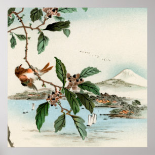 Vintage Japanse Vogel & Mount Fuji Kunstprint Poster