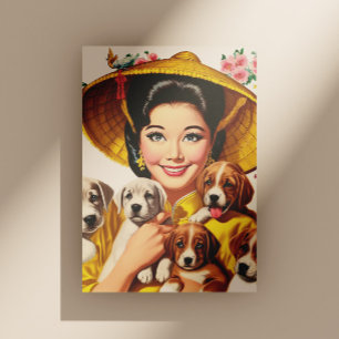 Vintage Japanse vrouw en puppy's Briefkaart