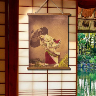 Vintage Japanse vrouw in de wind Hangend Wandkleed