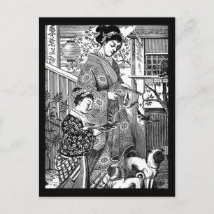 Vintage Japanse Vrouw met Pugs Briefkaart